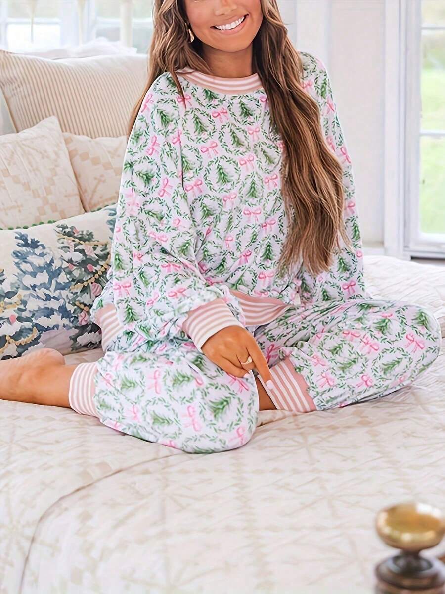 Women's Christmas Pajama Set, Pink Bow and Green Tree Print Top with Jogger Pants, Striped Cuffs, 1 Top + 1 Pair Of Pants
