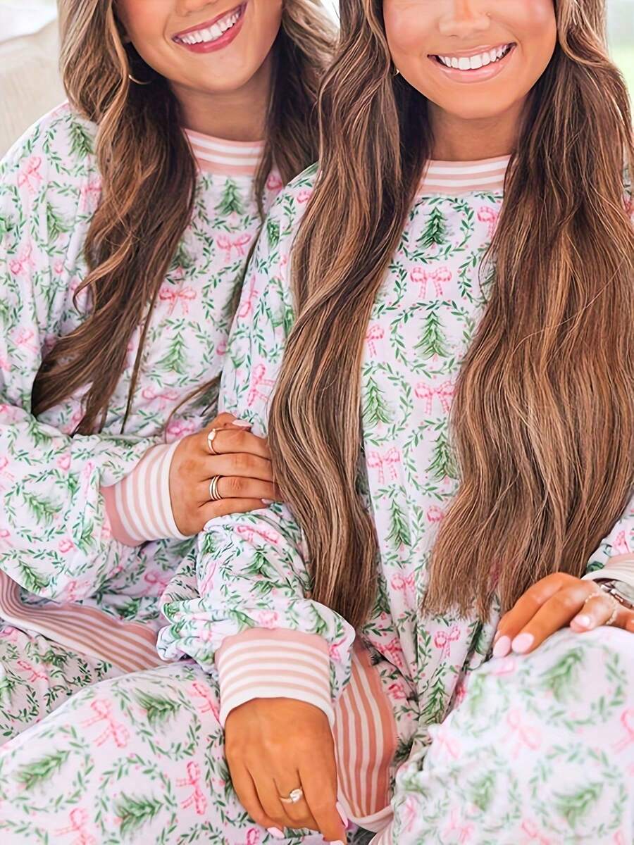 Women's Christmas Pajama Set, Pink Bow and Green Tree Print Top with Jogger Pants, Striped Cuffs, 1 Top + 1 Pair Of Pants, view 2