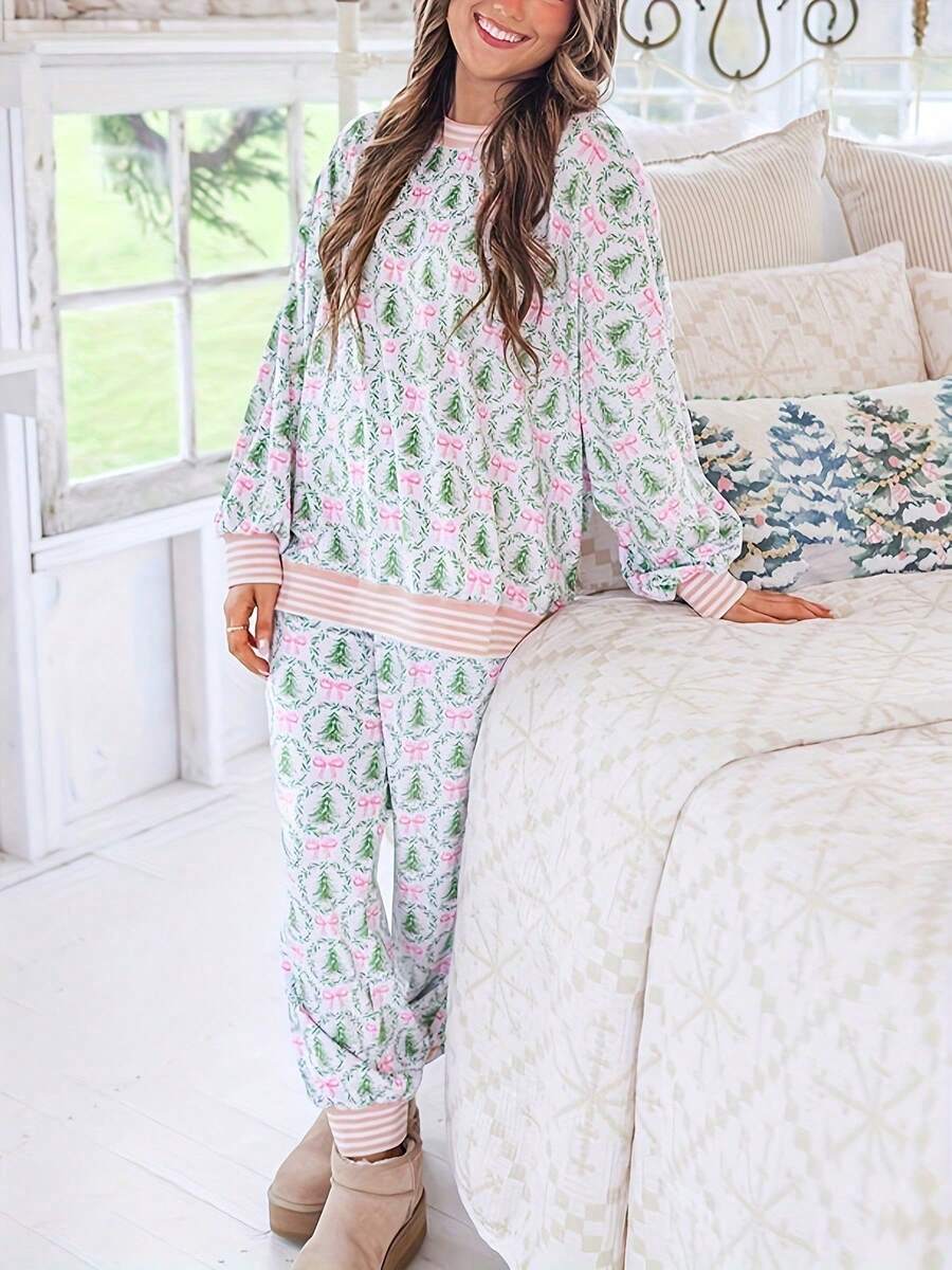 Women's Christmas Pajama Set, Pink Bow and Green Tree Print Top with Jogger Pants, Striped Cuffs, 1 Top + 1 Pair Of Pants, view 3