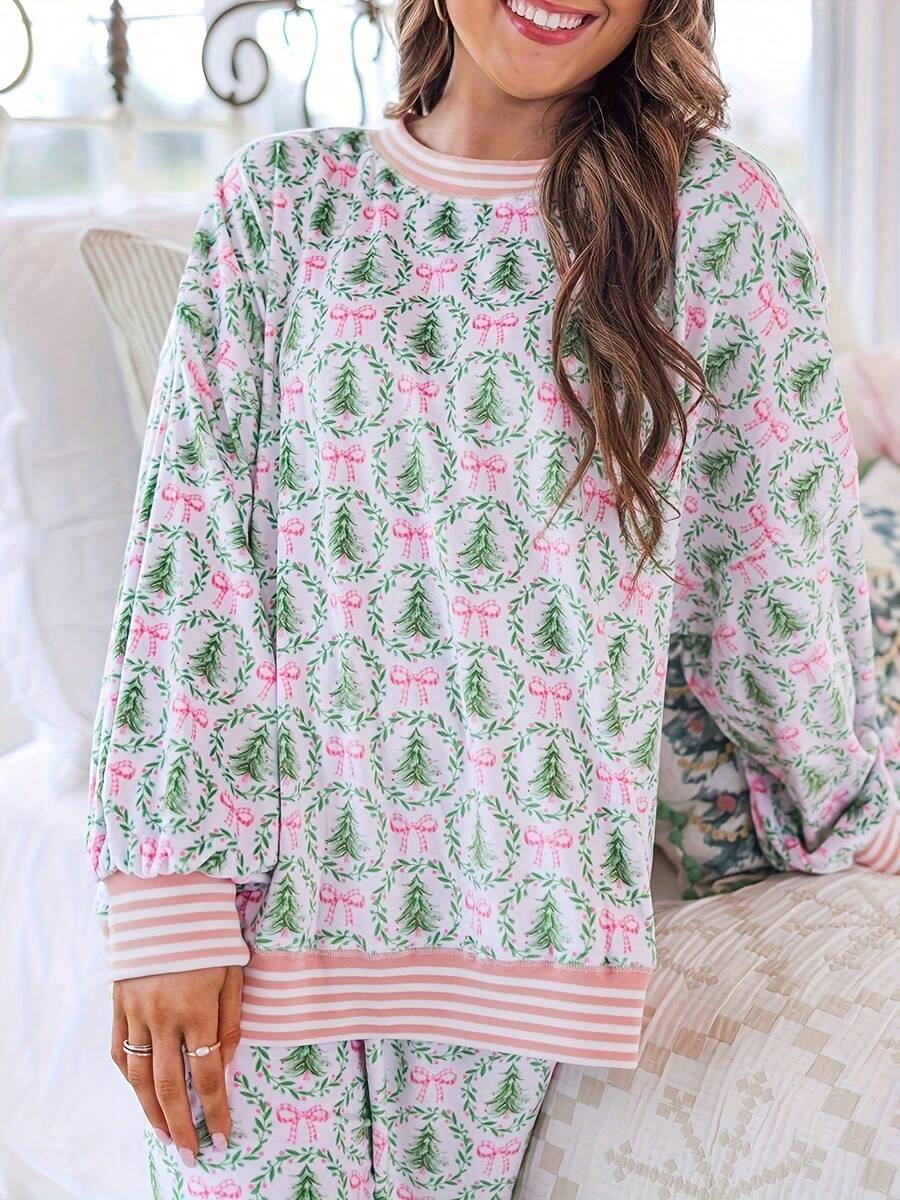 Women's Christmas Pajama Set, Pink Bow and Green Tree Print Top with Jogger Pants, Striped Cuffs, 1 Top + 1 Pair Of Pants, view 5