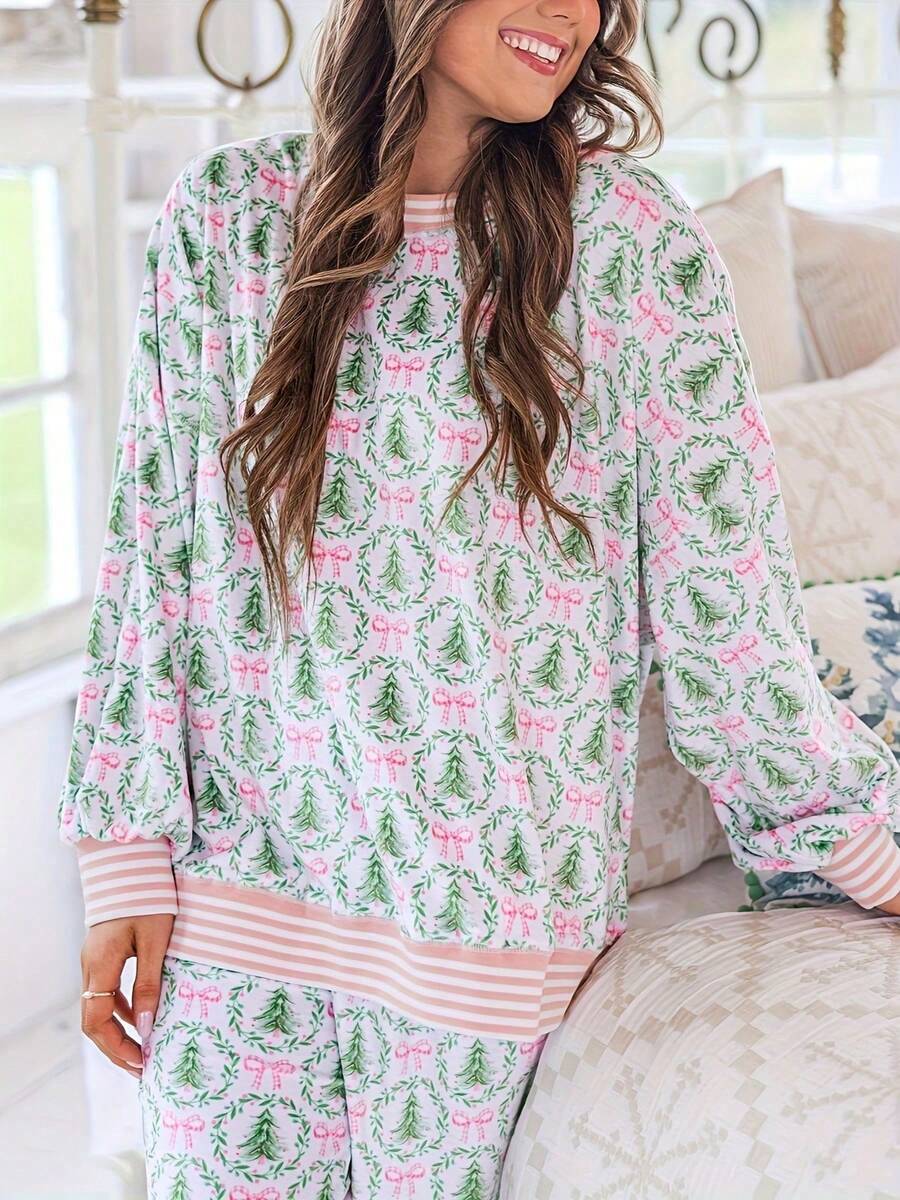 Women's Christmas Pajama Set, Pink Bow and Green Tree Print Top with Jogger Pants, Striped Cuffs, 1 Top + 1 Pair Of Pants, view 6