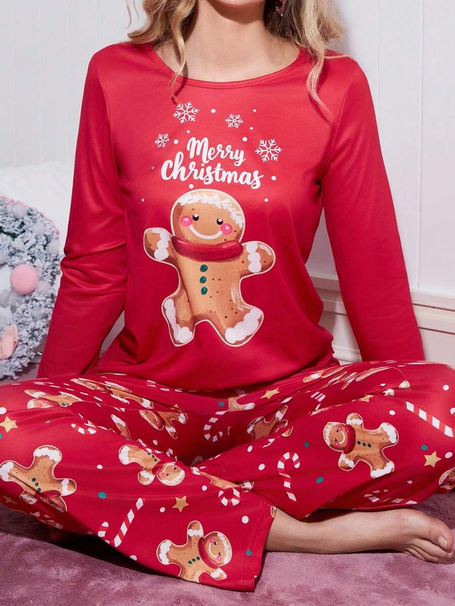 Women's Christmas Pajama Set, Red Gingerbread Man Print Long Sleeve Top and Candy Cane Pants, Red