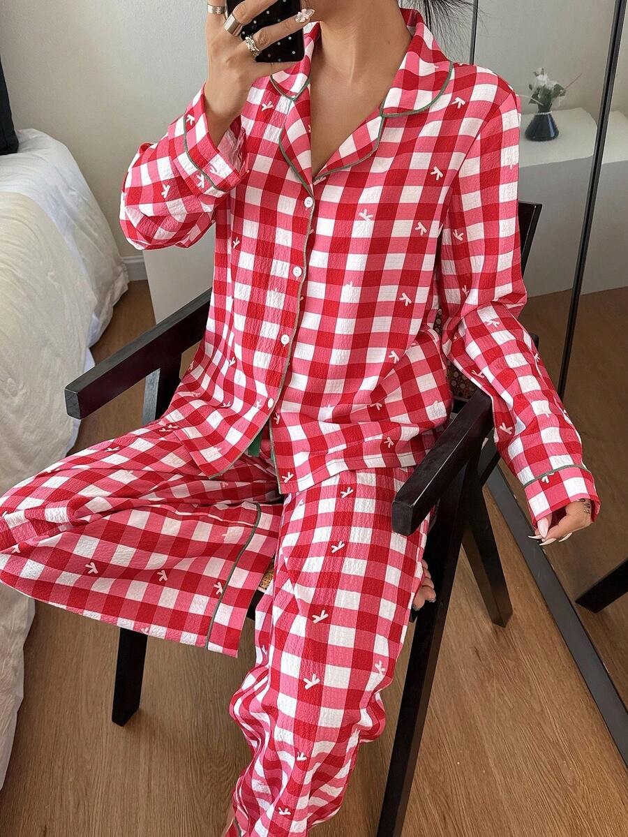 Women's Christmas Pajama Set, Red Gingham Button-Down Top and Pants with Green Piping, Red
