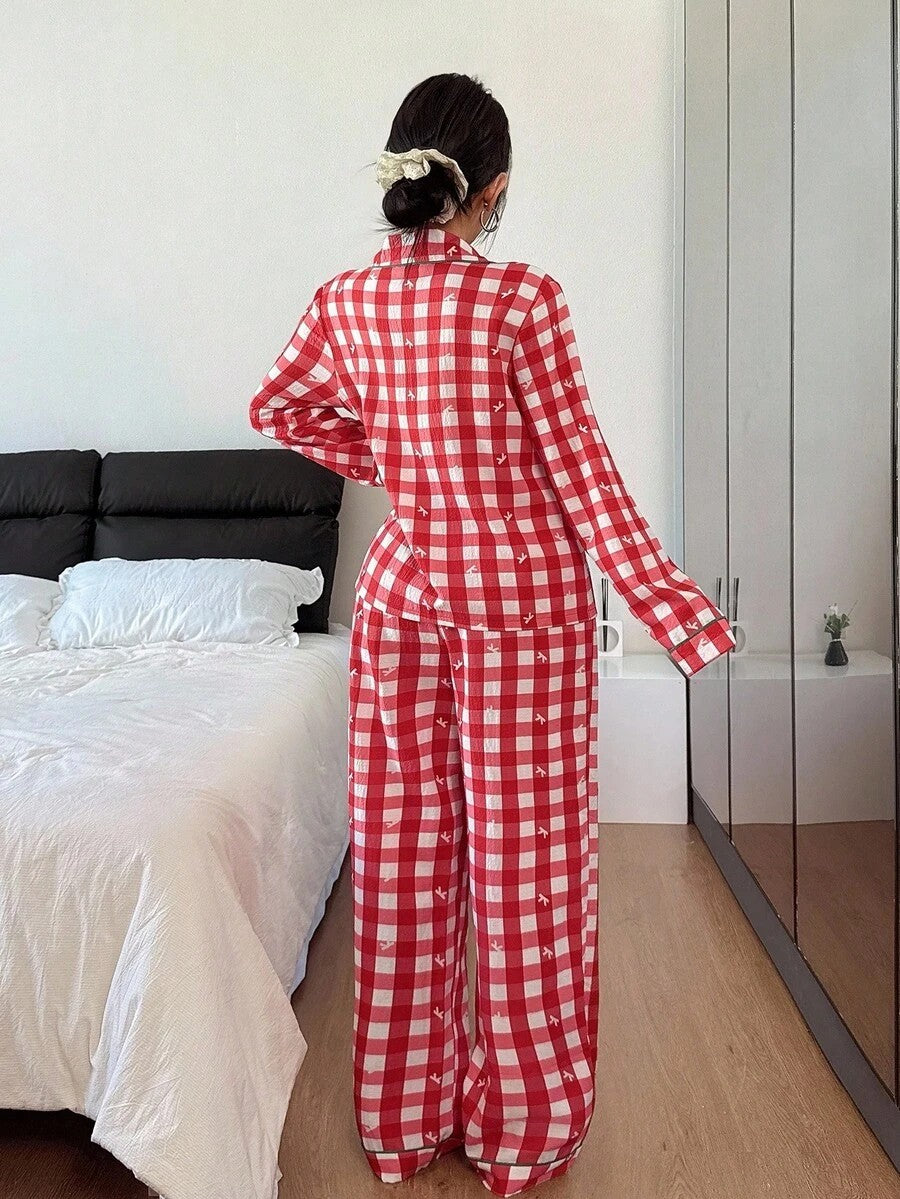 Women's Christmas Pajama Set, Red Gingham Button-Down Top and Pants with Green Piping, Red, view 2