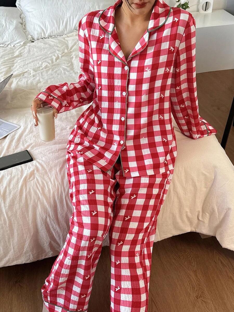 Women's Christmas Pajama Set, Red Gingham Button-Down Top and Pants with Green Piping, Red, view 4