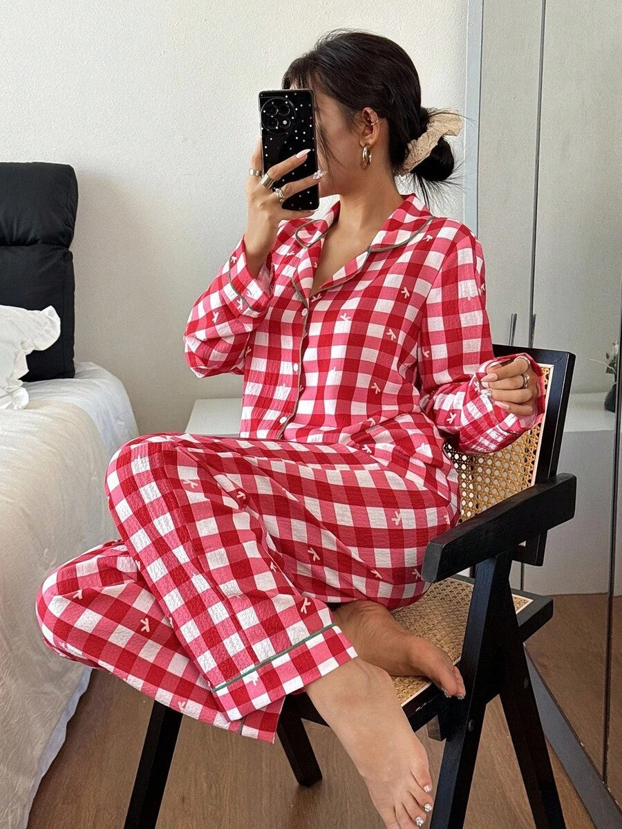Women's Christmas Pajama Set, Red Gingham Button-Down Top and Pants with Green Piping, Red, view 5