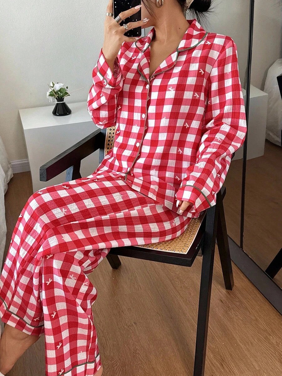 Women's Christmas Pajama Set, Red Gingham Button-Down Top and Pants with Green Piping, Red, view 6