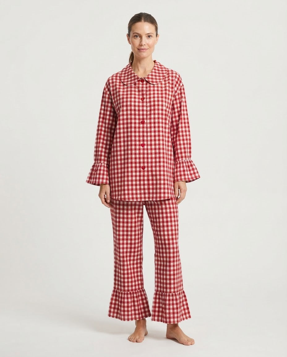 Women's Christmas Pajama Set, Red Gingham Oversized Top with Peter Pan Collar and Ruffle Pants, Red And White