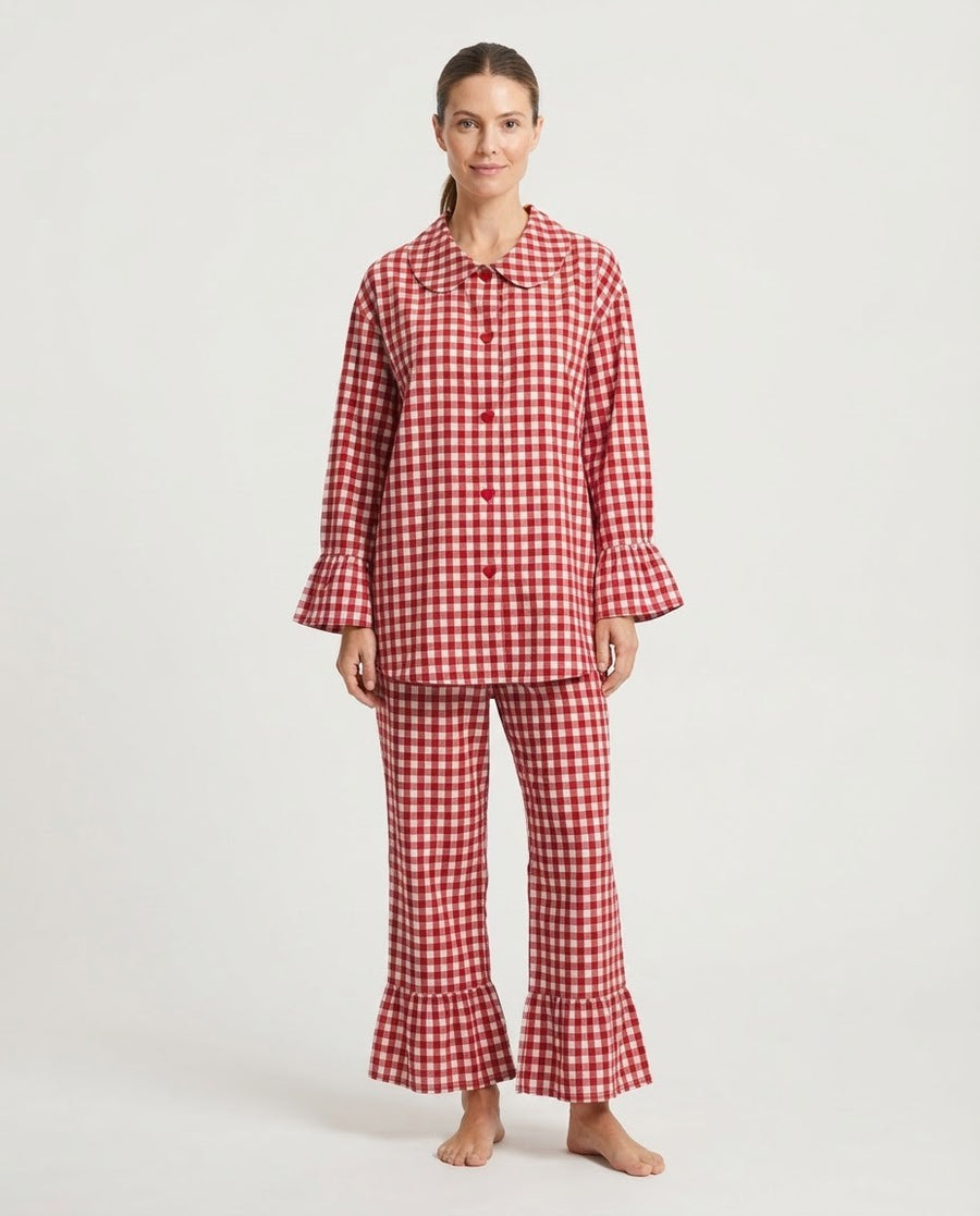 Women's Christmas Pajama Set, Red Gingham Oversized Top with Peter Pan Collar and Ruffle Pants, Red And White