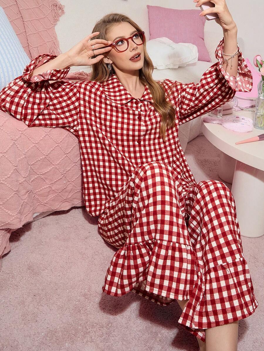 Women's Christmas Pajama Set, Red Gingham Oversized Top with Peter Pan Collar and Ruffle Pants, Red And White