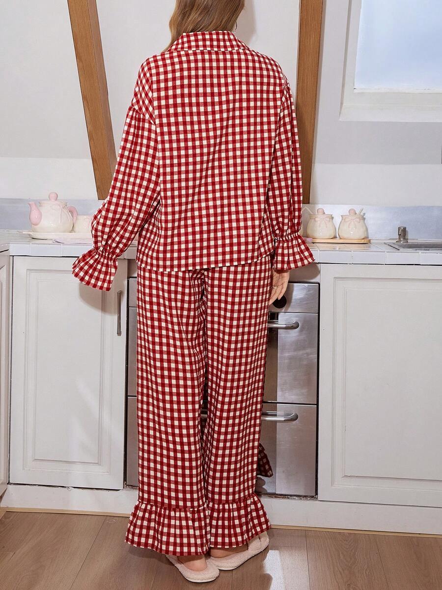 Women's Christmas Pajama Set, Red Gingham Oversized Top with Peter Pan Collar and Ruffle Pants, Red And White, view 2