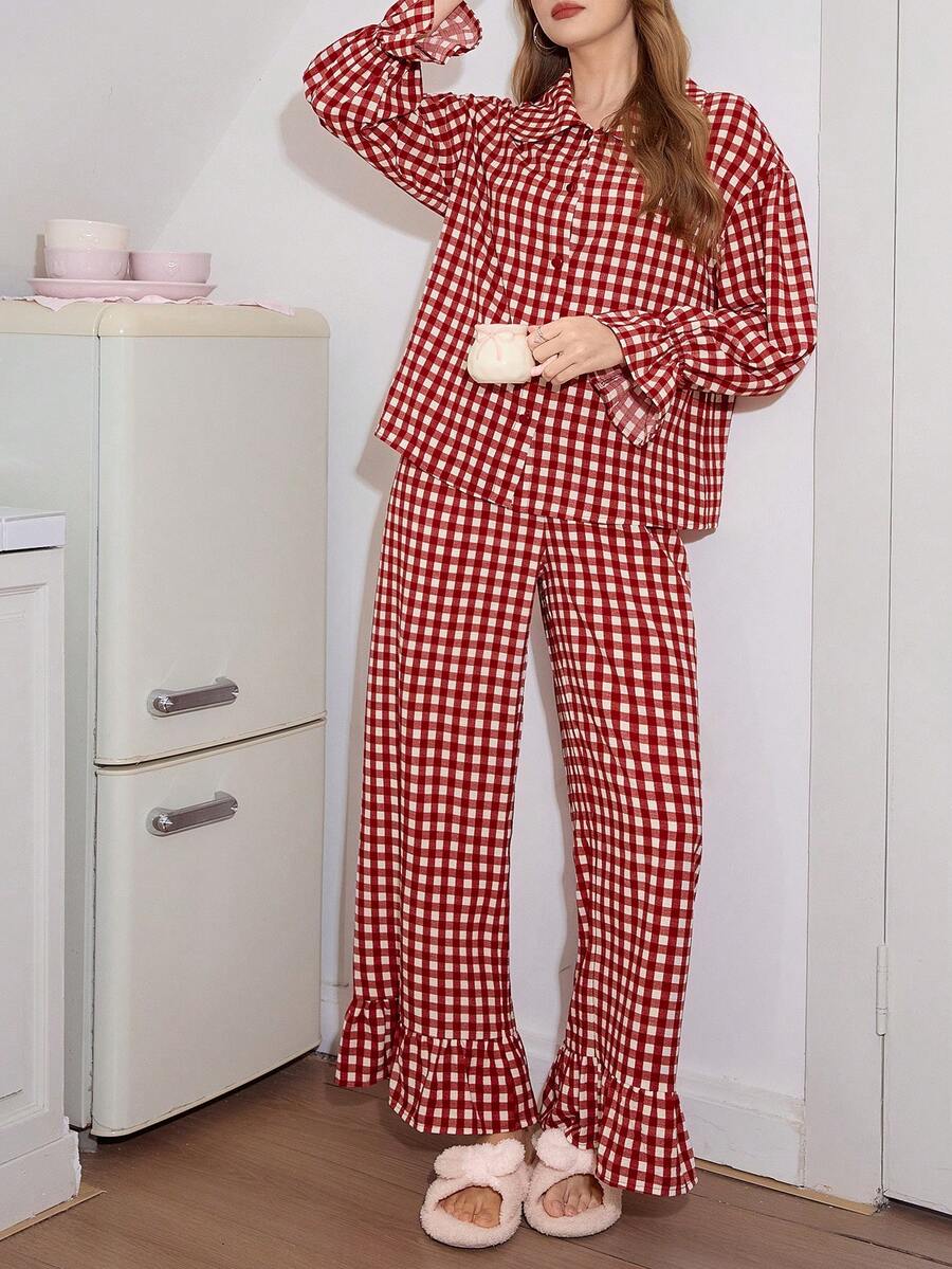 Women's Christmas Pajama Set, Red Gingham Oversized Top with Peter Pan Collar and Ruffle Pants, Red And White, view 3