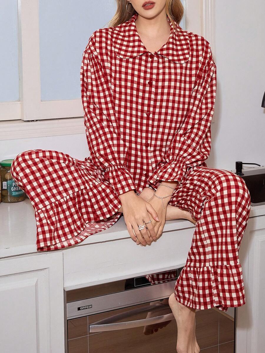 Women's Christmas Pajama Set, Red Gingham Oversized Top with Peter Pan Collar and Ruffle Pants, Red And White, view 4
