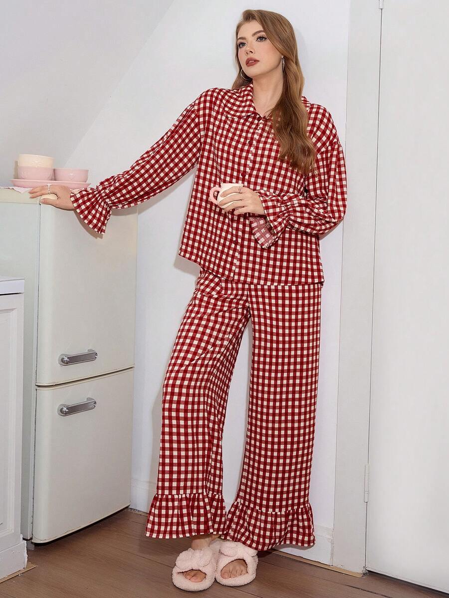 Women's Christmas Pajama Set, Red Gingham Oversized Top with Peter Pan Collar and Ruffle Pants, Red And White, view 5