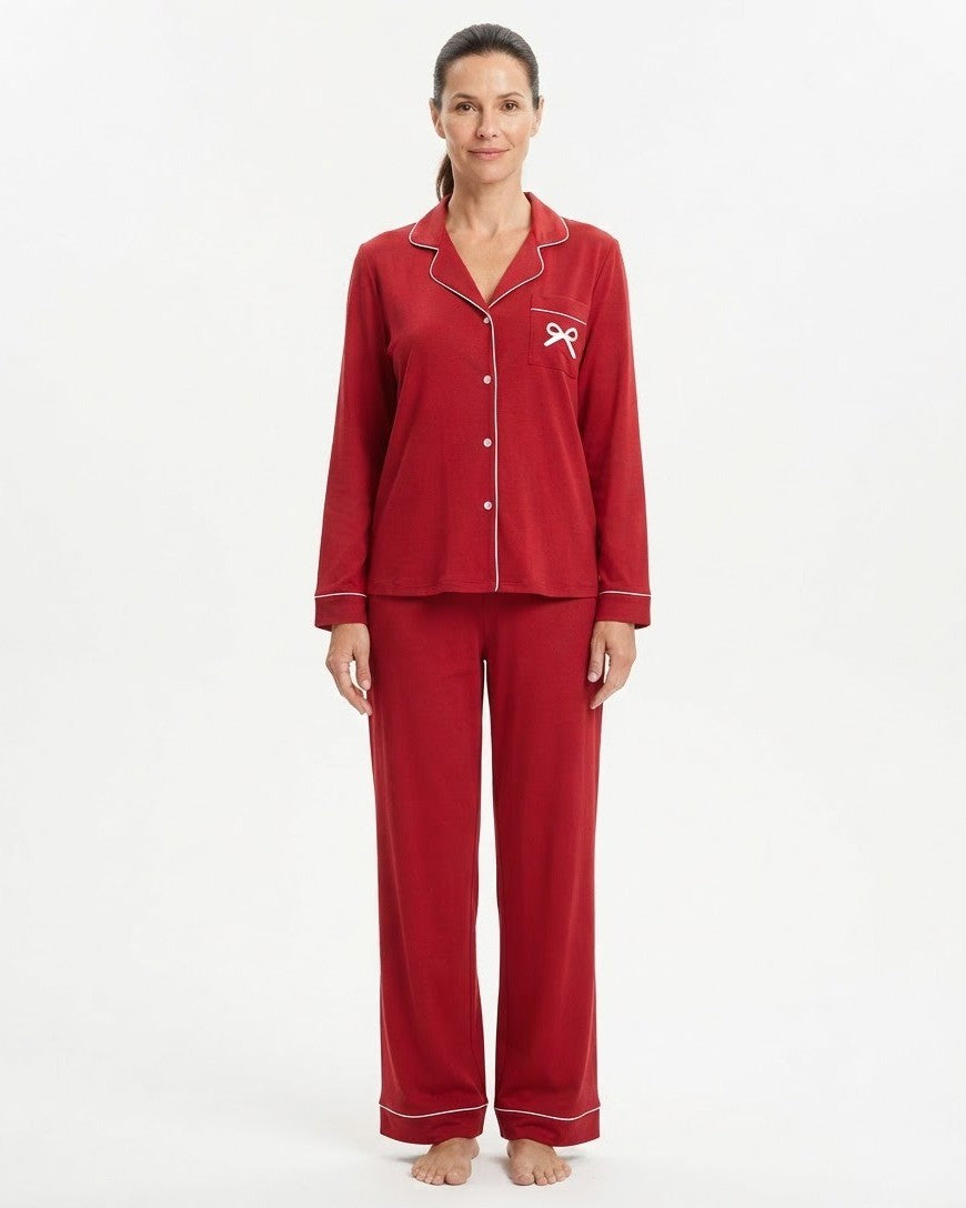 Women's Christmas Pajama Set, Red Long Sleeve Button-Down Top and Pants with Bow Embroidery, Red