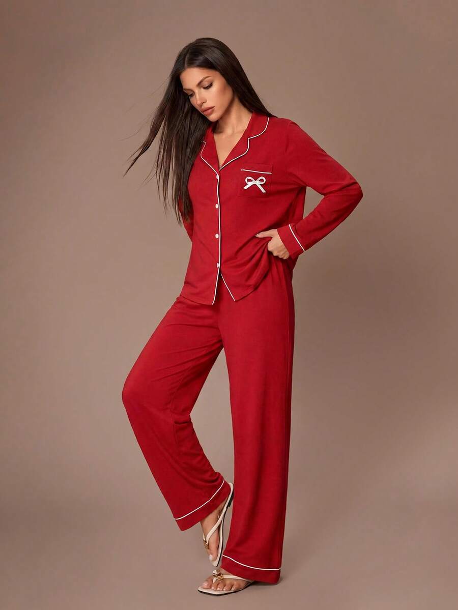 Women's Christmas Pajama Set, Red Long Sleeve Button-Down Top and Pants with Bow Embroidery, Red