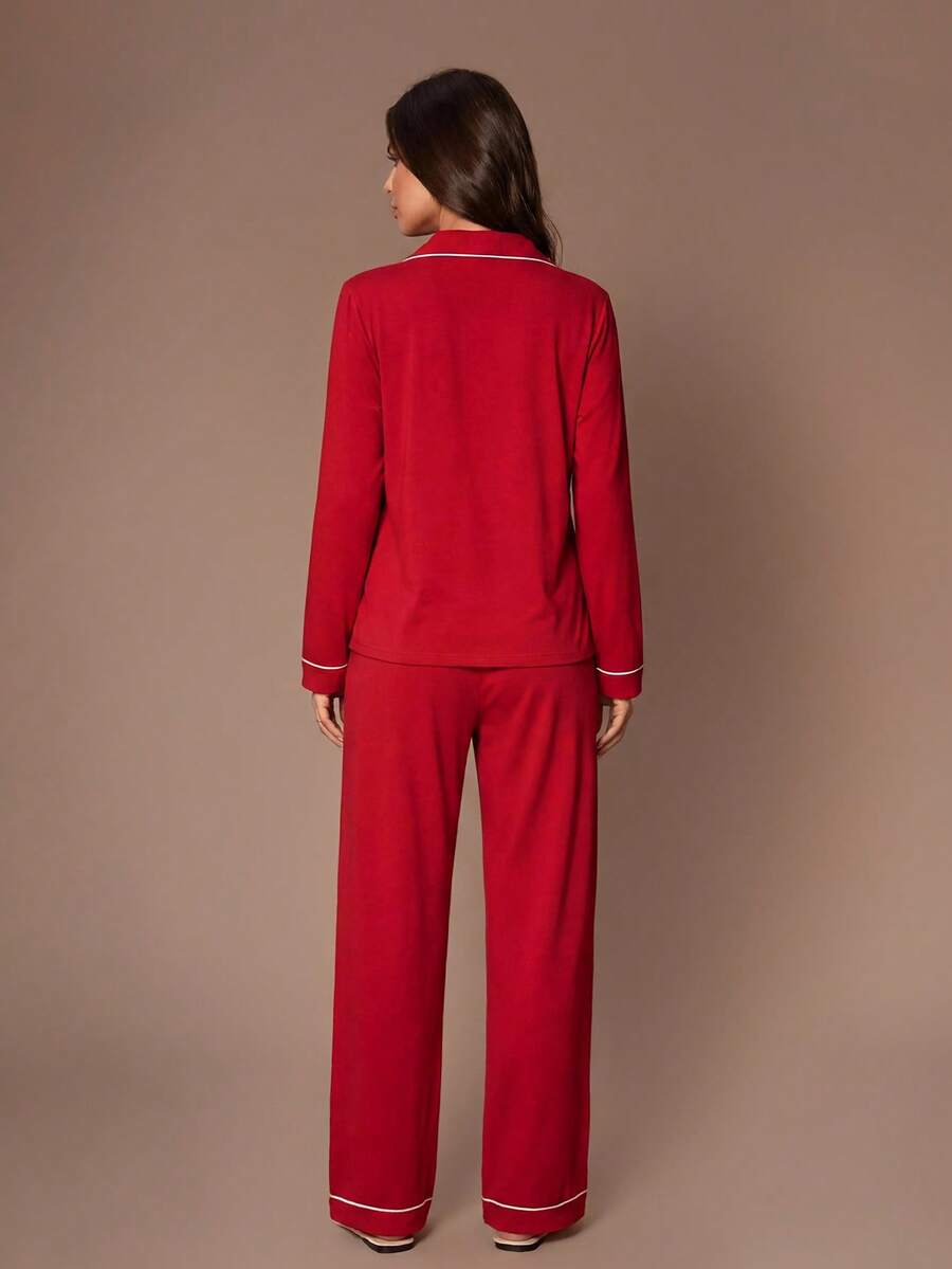 Women's Christmas Pajama Set, Red Long Sleeve Button-Down Top and Pants with Bow Embroidery, Red, view 2