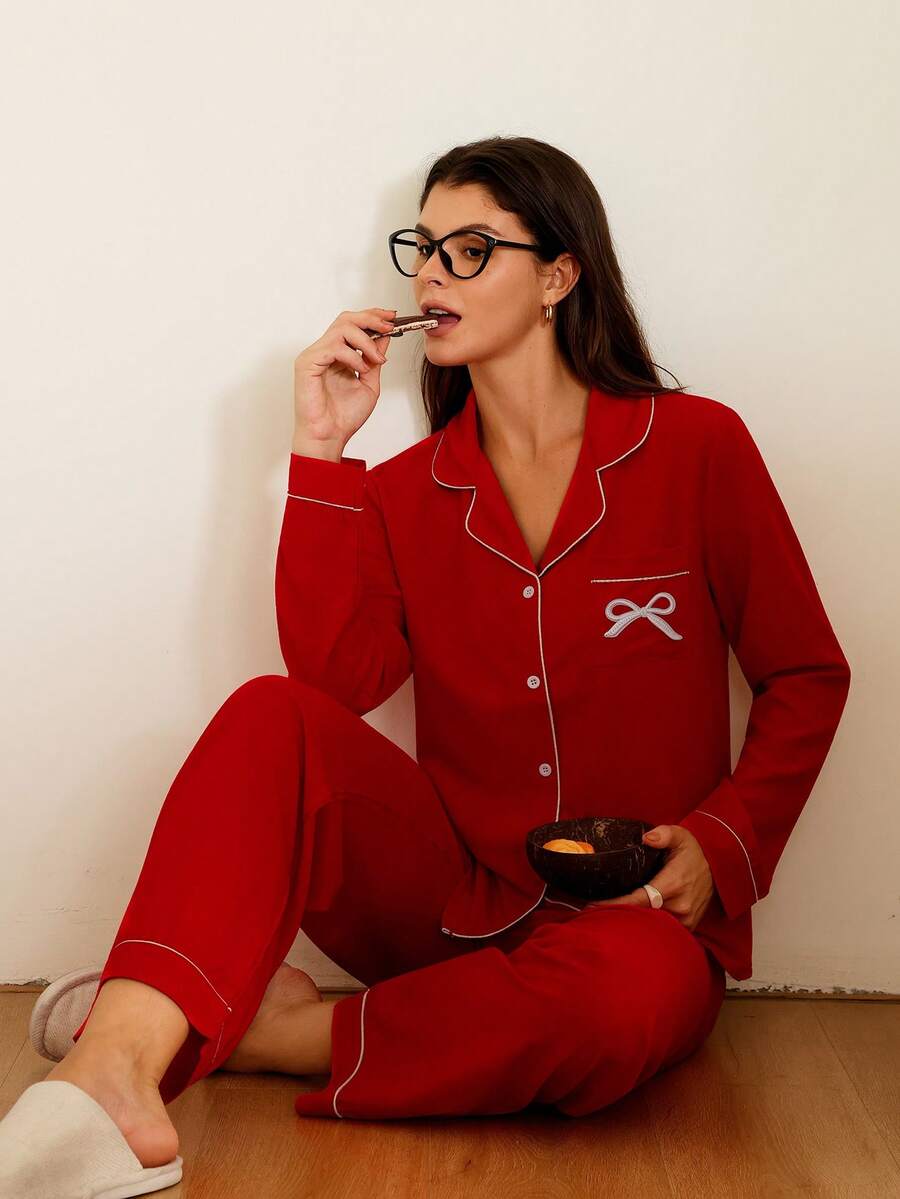 Women's Christmas Pajama Set, Red Long Sleeve Button-Down Top and Pants with Bow Embroidery, Red, view 3
