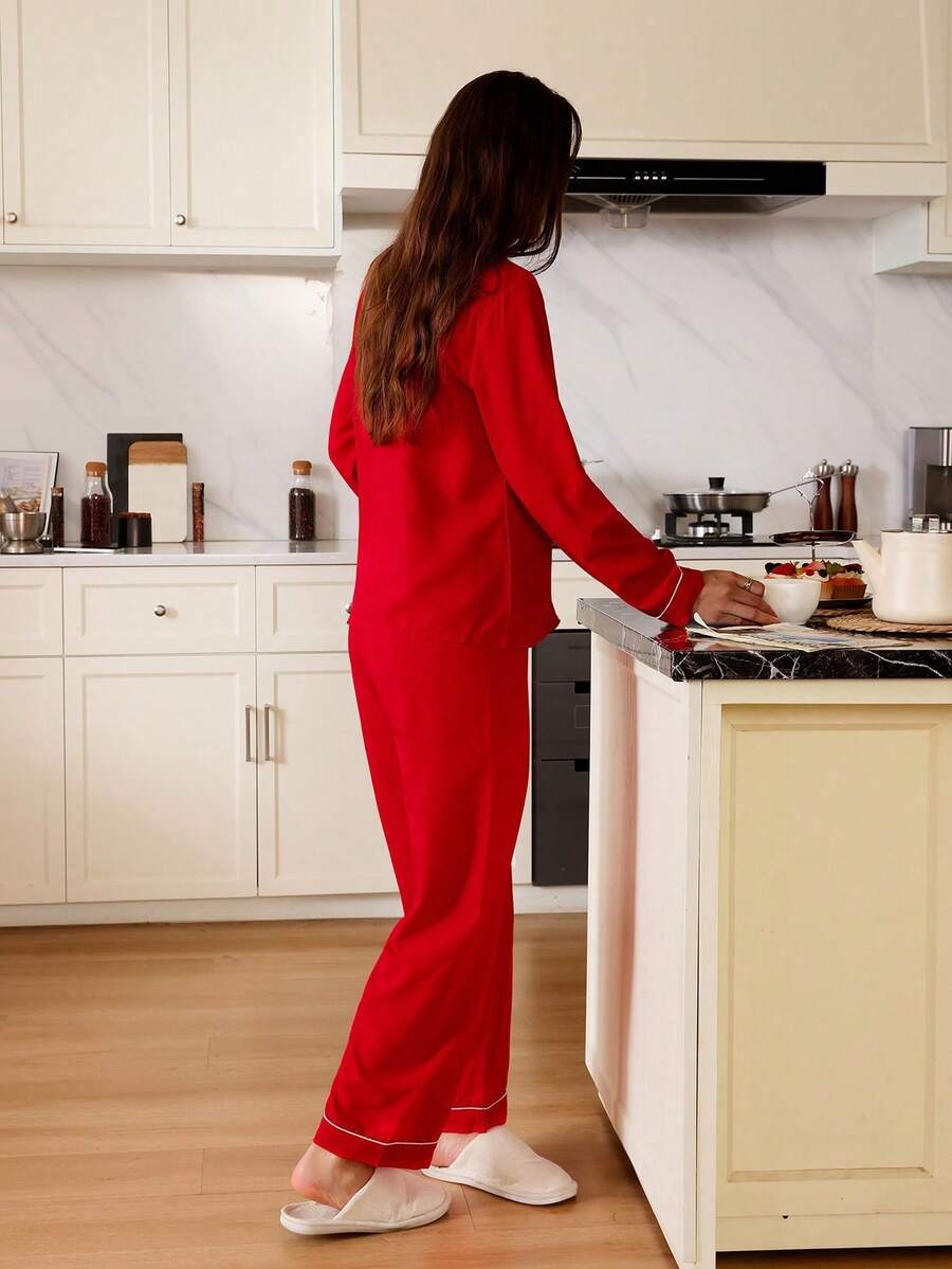 Women's Christmas Pajama Set, Red Long Sleeve Button-Down Top and Pants with Bow Embroidery, Red, view 4