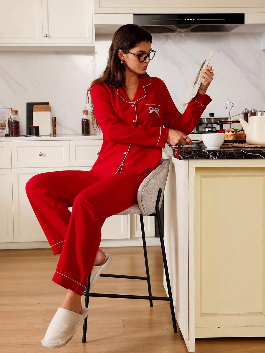 Women's Christmas Pajama Set, Red Long Sleeve Button-Down Top and Pants with Bow Embroidery, Red, view 5