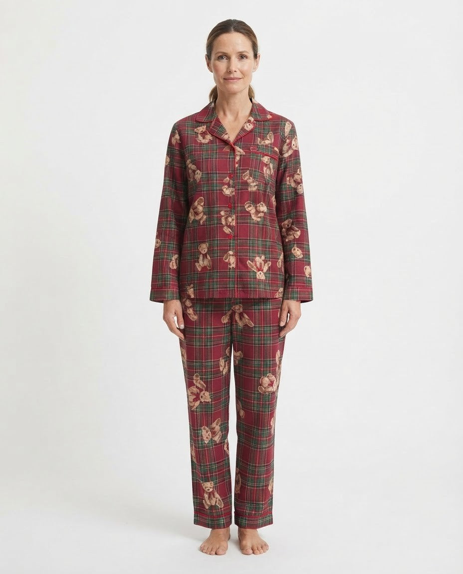 Women's Christmas Pajama Set, Red Plaid Teddy Bear Print Long Sleeve Button-Down Top and Pants, Red/Brown
