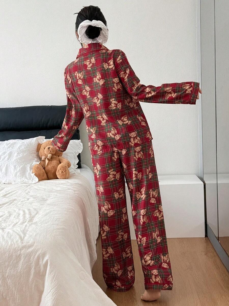 Women's Christmas Pajama Set, Red Plaid Teddy Bear Print Long Sleeve Button-Down Top and Pants, Red/Brown, view 2