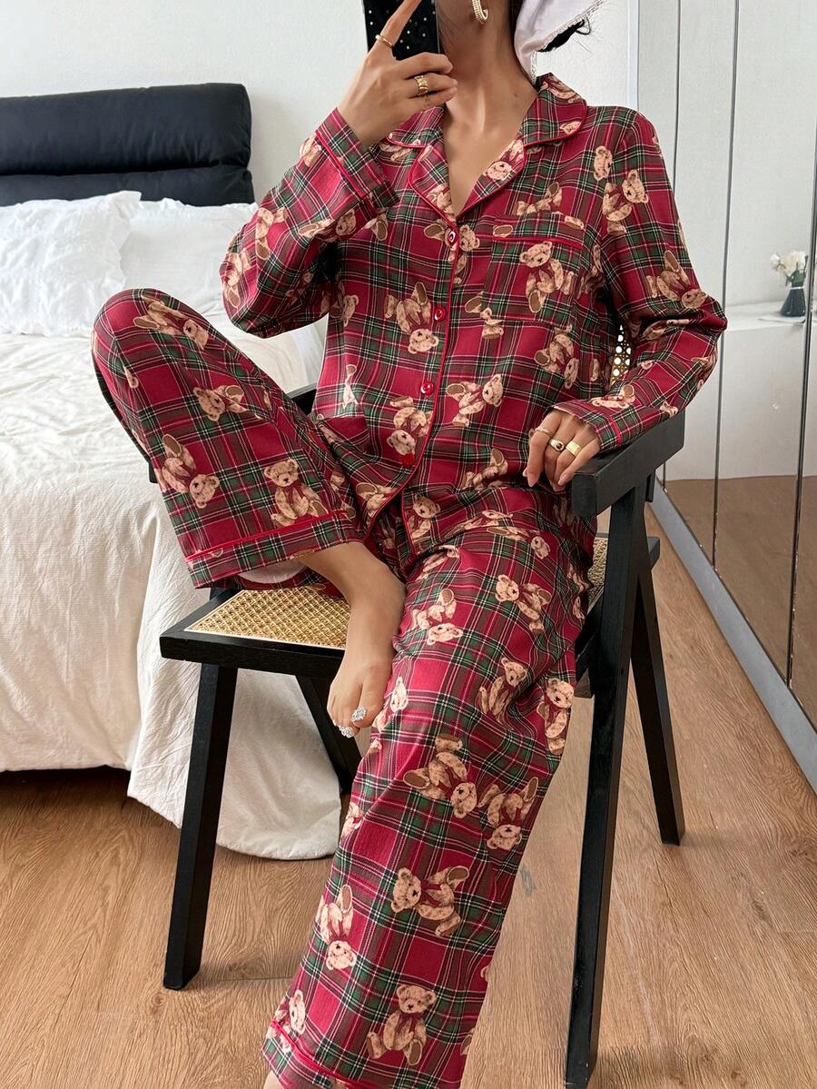 Women's Christmas Pajama Set, Red Plaid Teddy Bear Print Long Sleeve Button-Down Top and Pants, Red/Brown, view 3