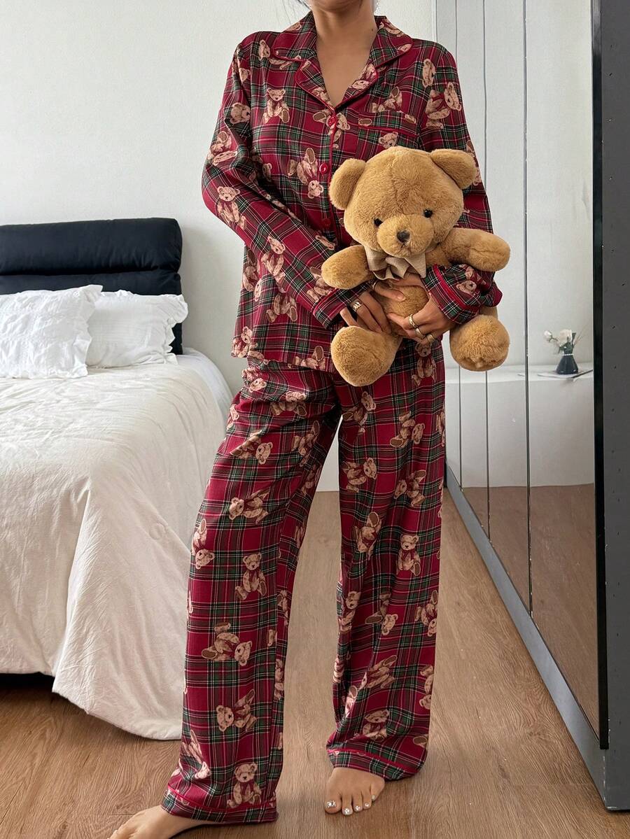 Women's Christmas Pajama Set, Red Plaid Teddy Bear Print Long Sleeve Button-Down Top and Pants, Red/Brown, view 5