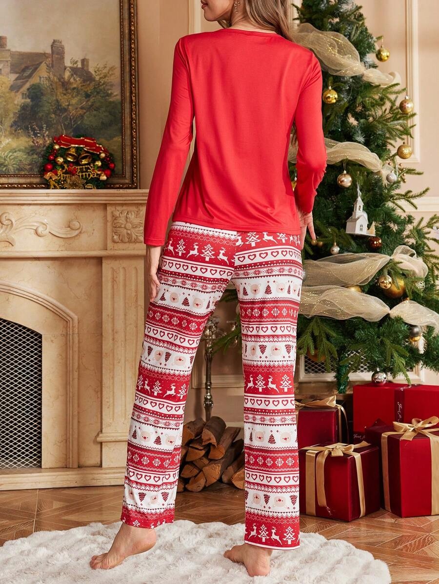 Women's Christmas Pajama Set, Red Reindeer Print Long Sleeve Top and Fair Isle Pants, Red, view 3