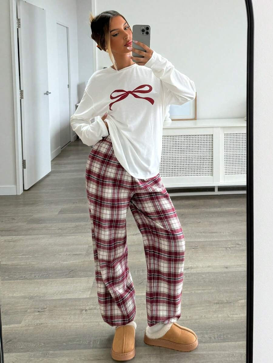 Women's Christmas Pajama Set, White Long Sleeve Tee with Bow Print and Red Plaid Pants, Red/White