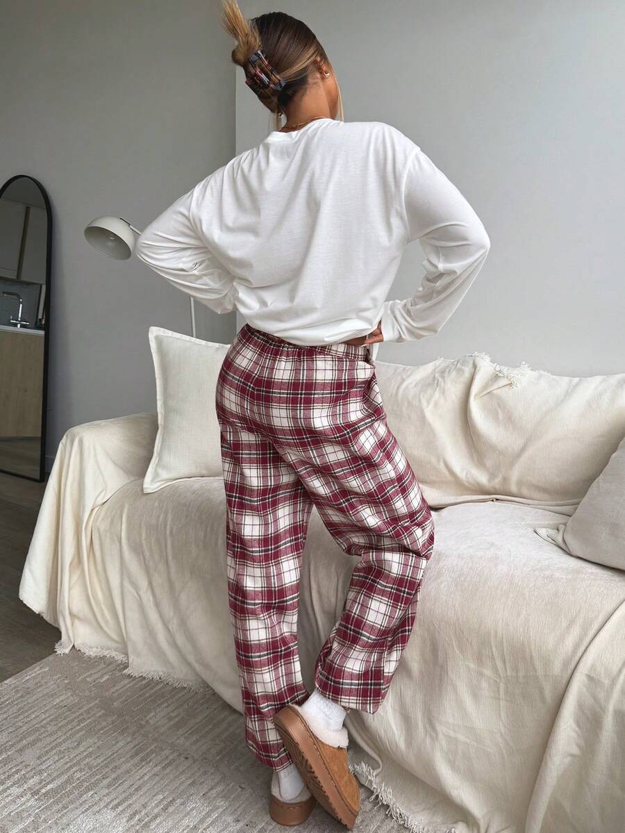 Women's Christmas Pajama Set, White Long Sleeve Tee with Bow Print and Red Plaid Pants, Red/White, view 2