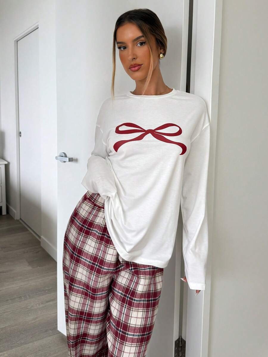 Women's Christmas Pajama Set, White Long Sleeve Tee with Bow Print and Red Plaid Pants, Red/White, view 3
