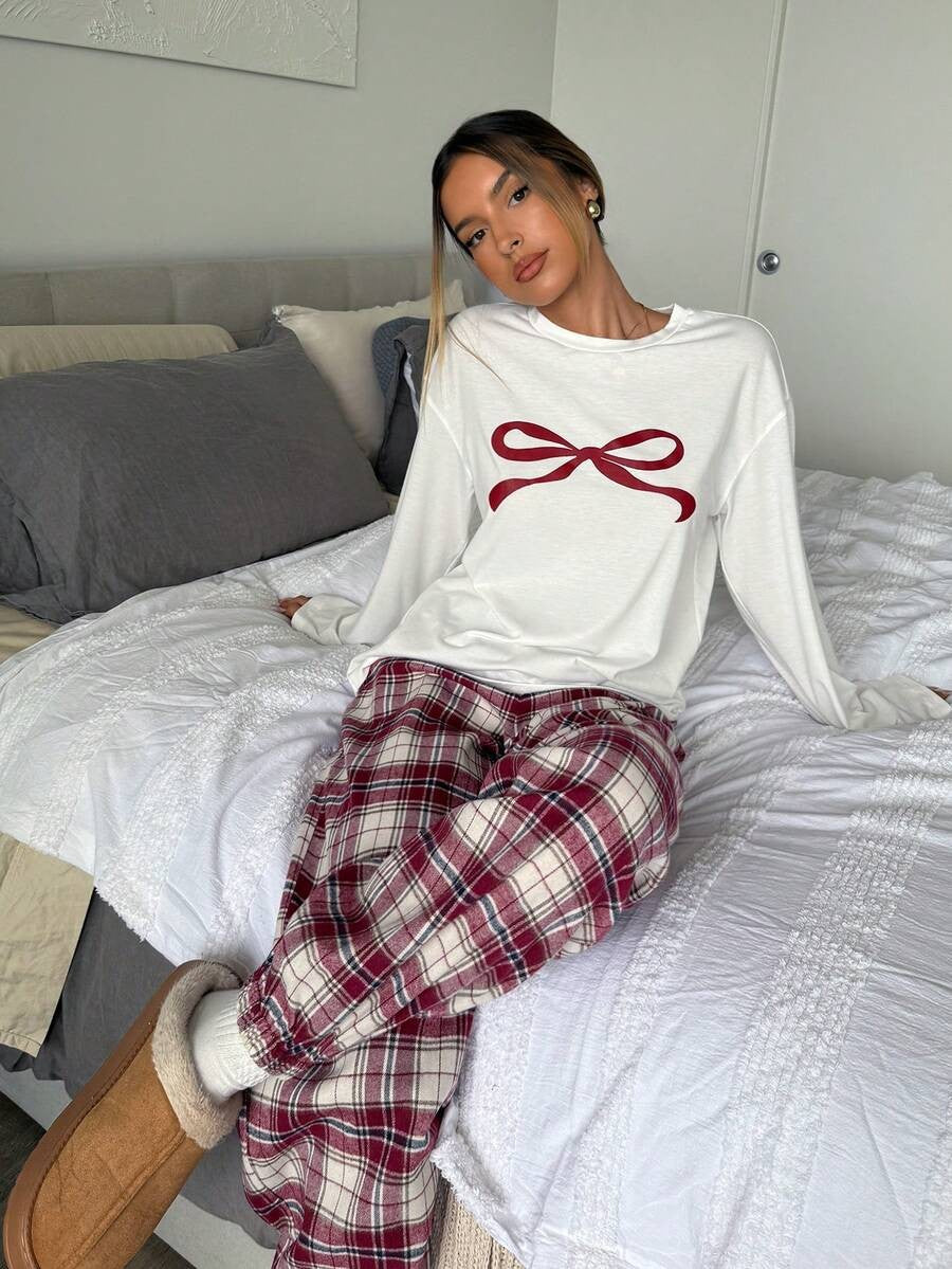 Women's Christmas Pajama Set, White Long Sleeve Tee with Bow Print and Red Plaid Pants, Red/White, view 4