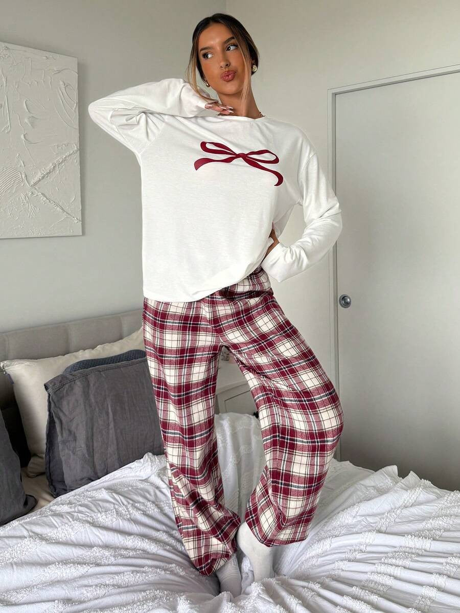 Women's Christmas Pajama Set, White Long Sleeve Tee with Bow Print and Red Plaid Pants, Red/White, view 5