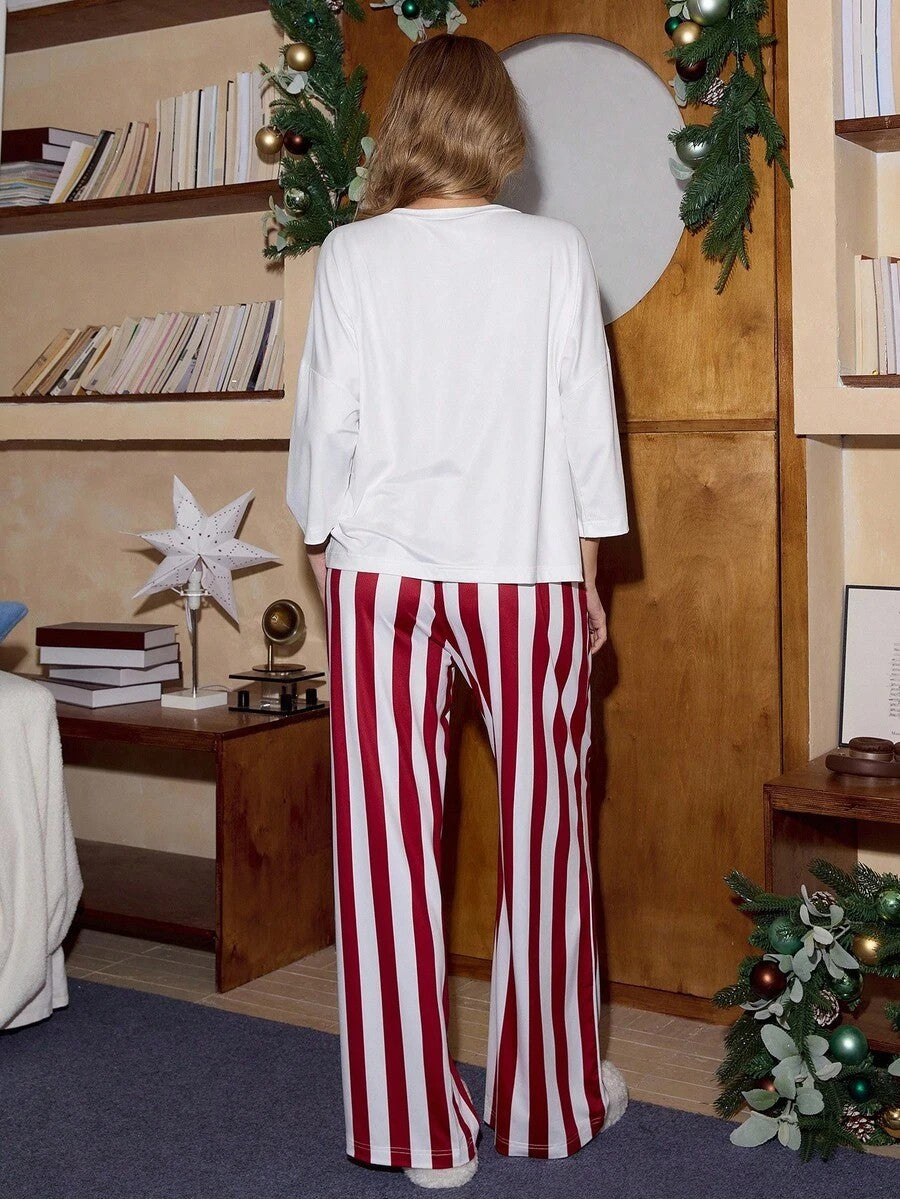 Women's Christmas Pajama Set, White Tree Graphic Tee and Red Striped Wide Leg Pants, White/Red, view 3