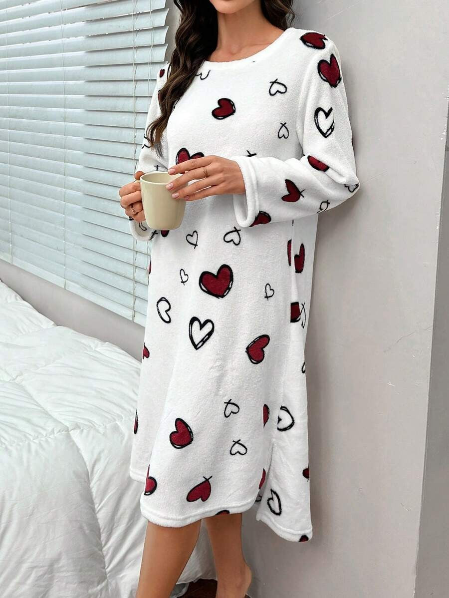 Women's Flannel Nightgown, White Long Sleeve Sleep Dress with Red Heart Print, Knee Length, White
