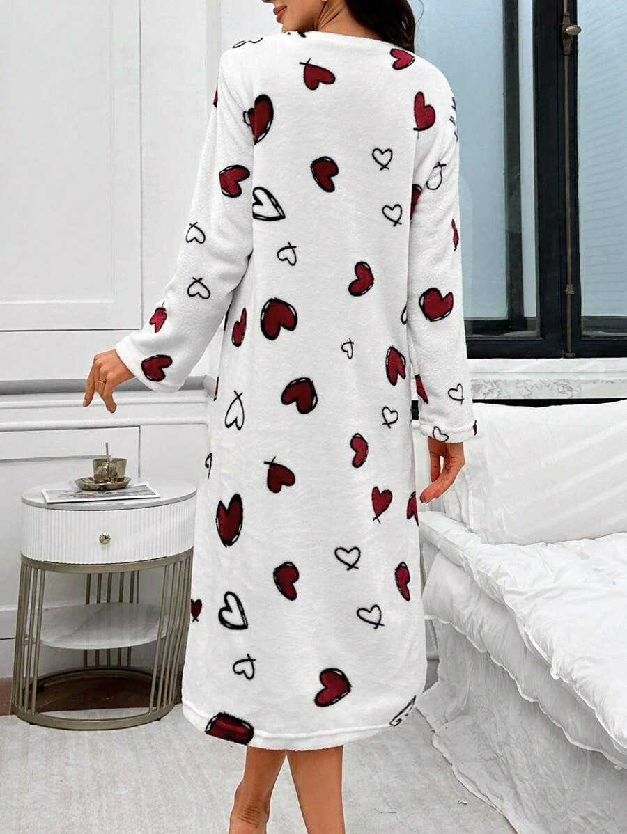 Women's Flannel Nightgown, White Long Sleeve Sleep Dress with Red Heart Print, Knee Length, White, view 2
