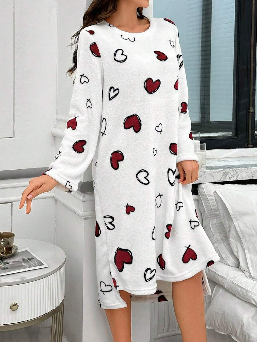 Women's Flannel Nightgown, White Long Sleeve Sleep Dress with Red Heart Print, Knee Length, White, view 3