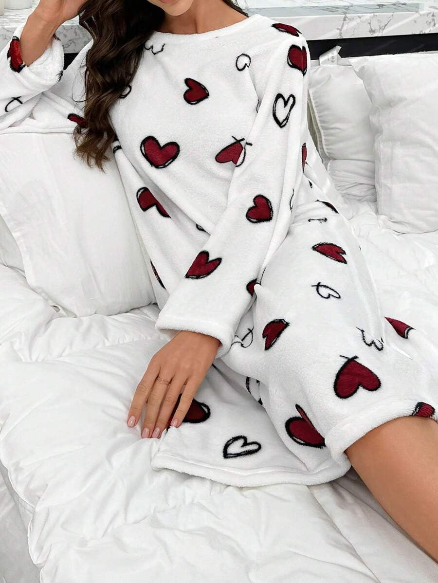 Women's Flannel Nightgown, White Long Sleeve Sleep Dress with Red Heart Print, Knee Length, White, view 4