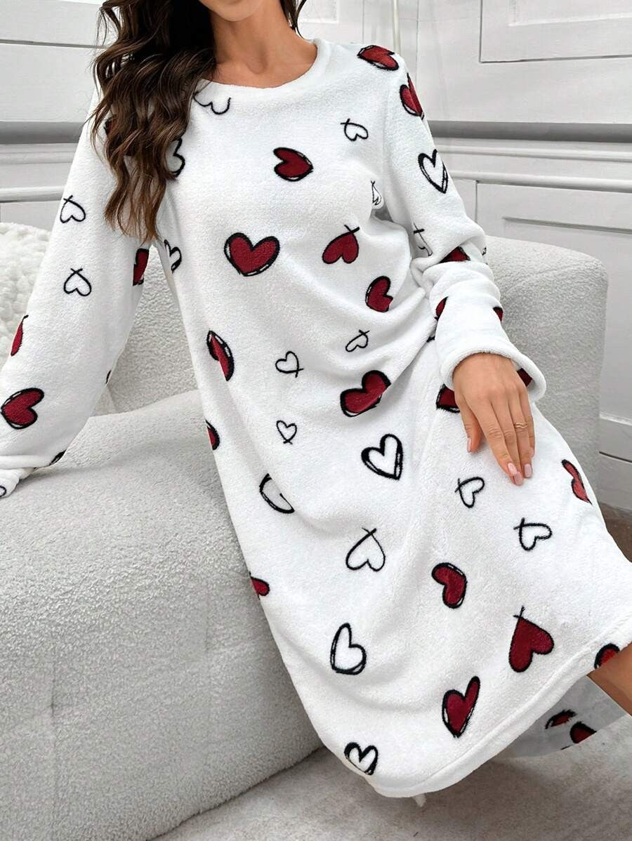 Women's Flannel Nightgown, White Long Sleeve Sleep Dress with Red Heart Print, Knee Length, White, view 5