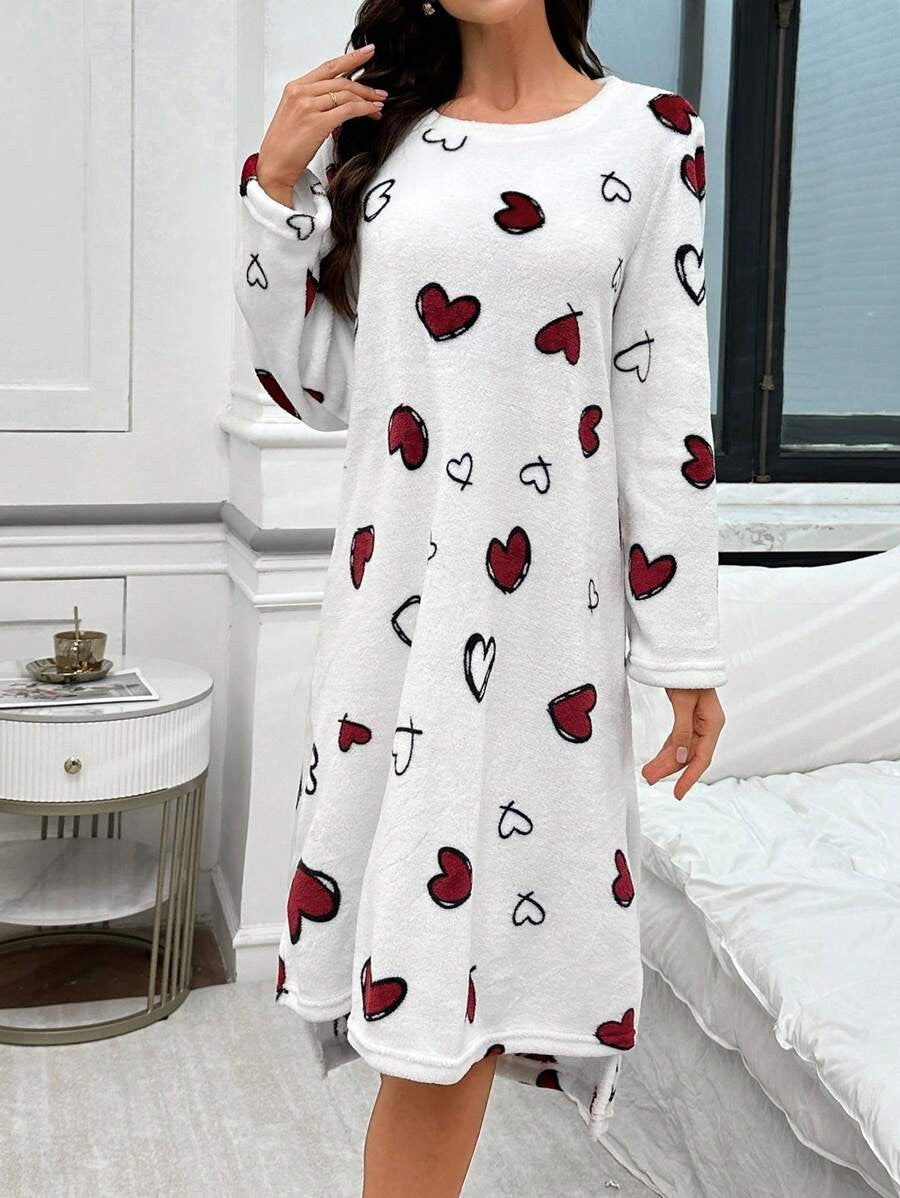 Women's Flannel Nightgown, White Long Sleeve Sleep Dress with Red Heart Print, Knee Length, White, view 6