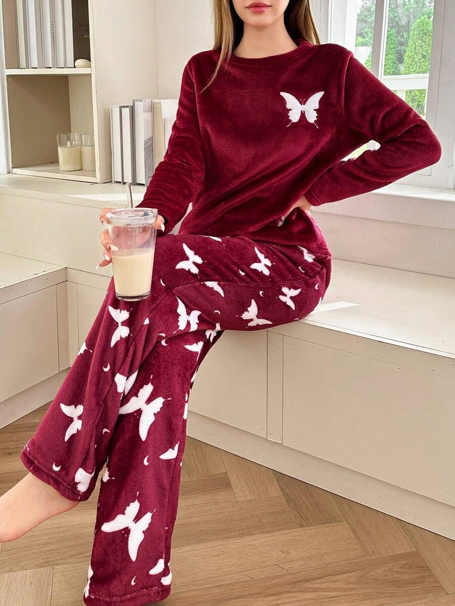Women's Flannel Pajama Set, Burgundy Long Sleeve Top and Pants with White Butterfly Print, Burgundy