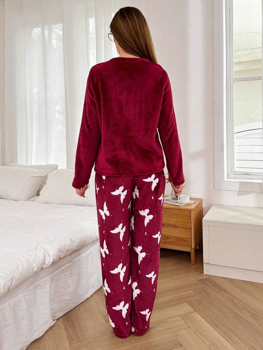 Women's Flannel Pajama Set, Burgundy Long Sleeve Top and Pants with White Butterfly Print, Burgundy, view 2