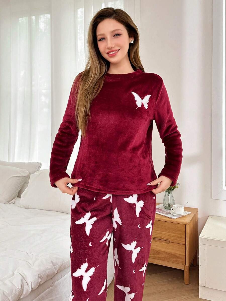 Women's Flannel Pajama Set, Burgundy Long Sleeve Top and Pants with White Butterfly Print, Burgundy, view 5