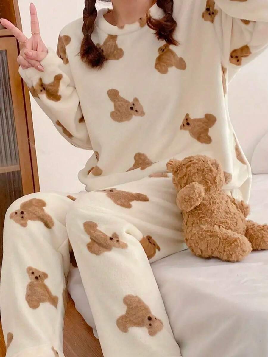 Women's Flannel Pajama Set, Cream Teddy Bear Print Long Sleeve Top and Straight Leg Pants, Cream, view 2