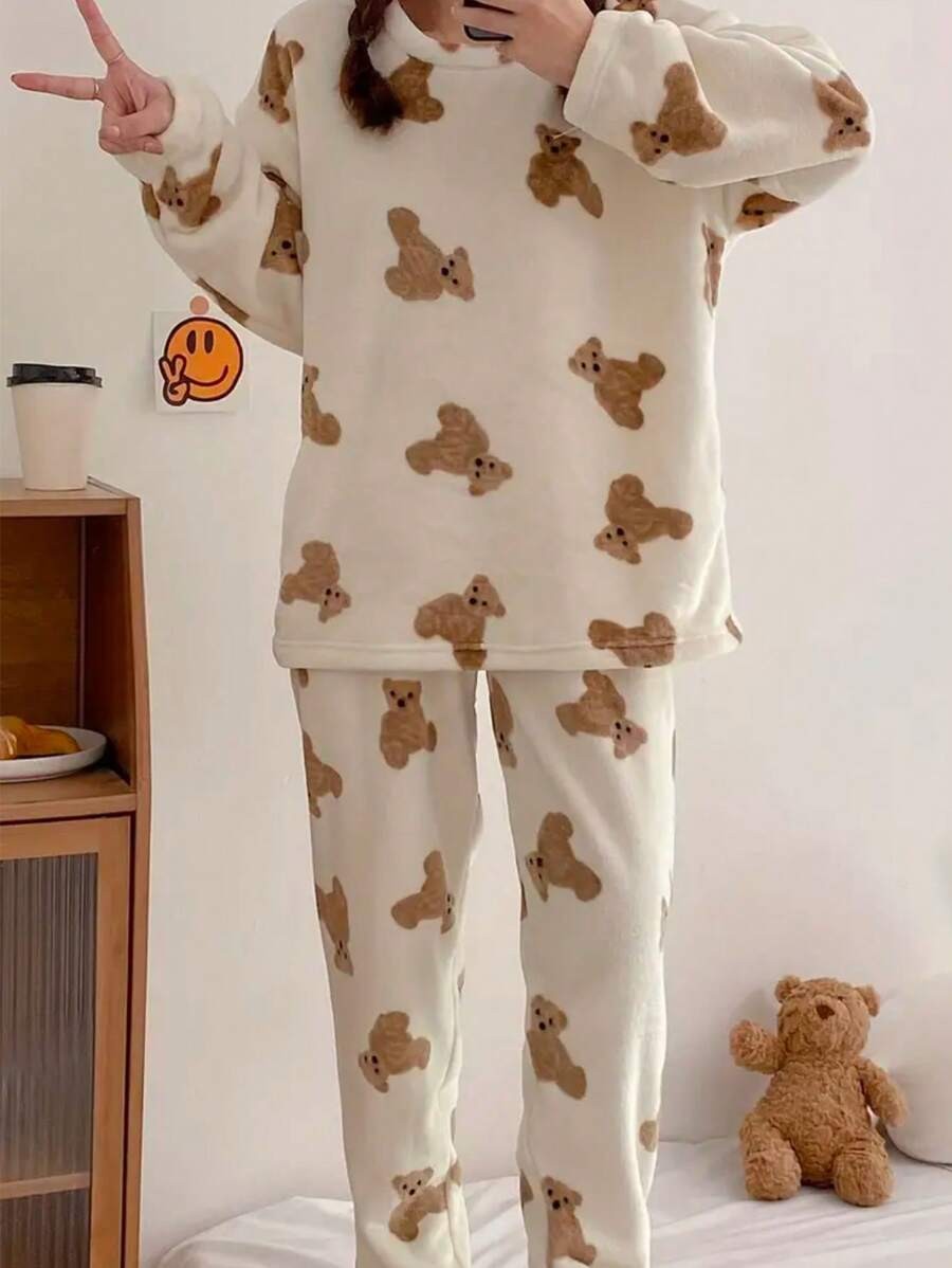 Women's Flannel Pajama Set, Cream Teddy Bear Print Long Sleeve Top and Straight Leg Pants, Cream, view 3