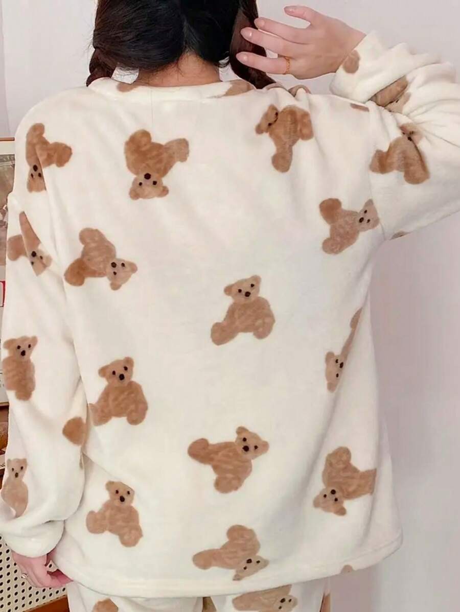 Women's Flannel Pajama Set, Cream Teddy Bear Print Long Sleeve Top and Straight Leg Pants, Cream, view 5