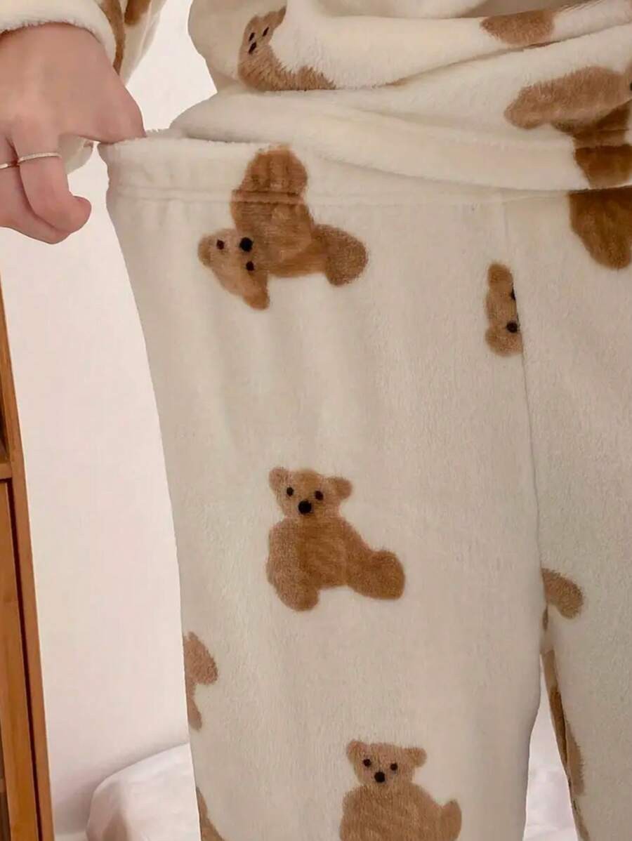 Women's Flannel Pajama Set, Cream Teddy Bear Print Long Sleeve Top and Straight Leg Pants, Cream, view 6