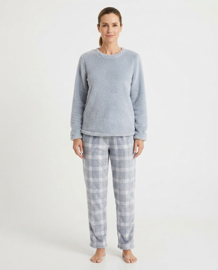 Women's Flannel Pajama Set, Dusty Blue Plush Crew Neck Top and Plaid Pants, Long Sleeve, Blue