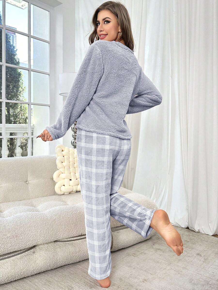 Women's Flannel Pajama Set, Dusty Blue Plush Crew Neck Top and Plaid Pants, Long Sleeve, Blue, view 2